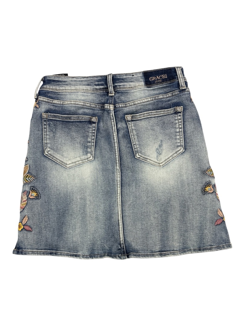 Grace in LA Women’s M Floral Stitch Stretch Denim Skirt Western Festival Natural - Picture 3 of 11